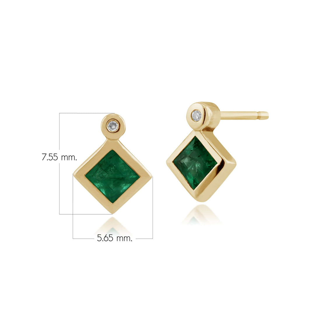 Aretes de botón con esmeralda cuadrada clásica y bisel de diamantes en oro amarillo de 9 quilates