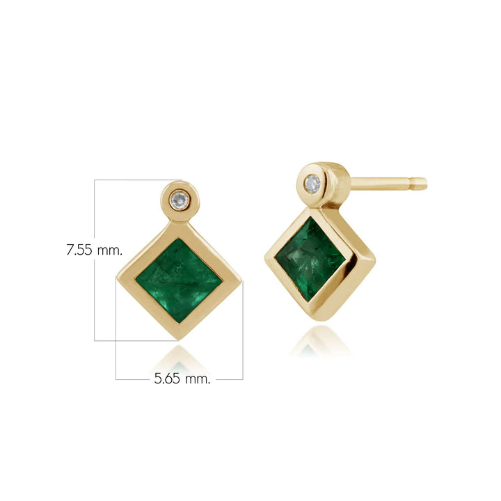 Aretes de botón con esmeralda cuadrada clásica y bisel de diamantes en oro amarillo de 9 quilates