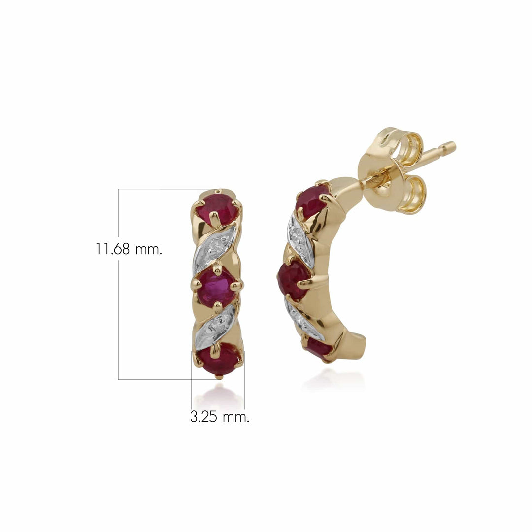 Aretes de medio argolla estilo Art Nouveau con diamantes y rubíes en oro de 9 quilates