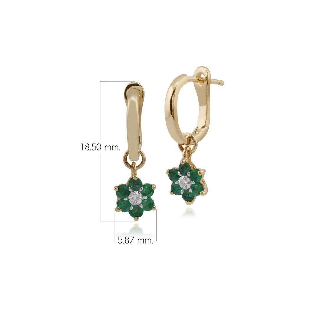 Aretes de argolla con clip omega de diamante y esmeralda redonda floral en oro amarillo de 9 quilates