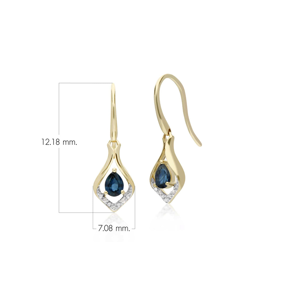 Aretes colgantes clásicos con zafiro pera y halo de hojas de diamantes en oro amarillo de 9 quilates
