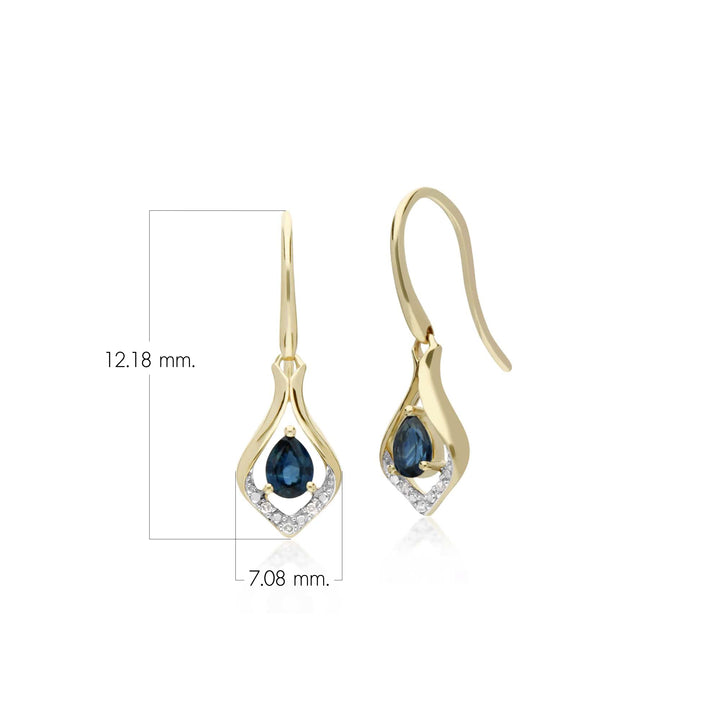 Aretes colgantes clásicos con zafiro pera y halo de hojas de diamantes en oro amarillo de 9 quilates