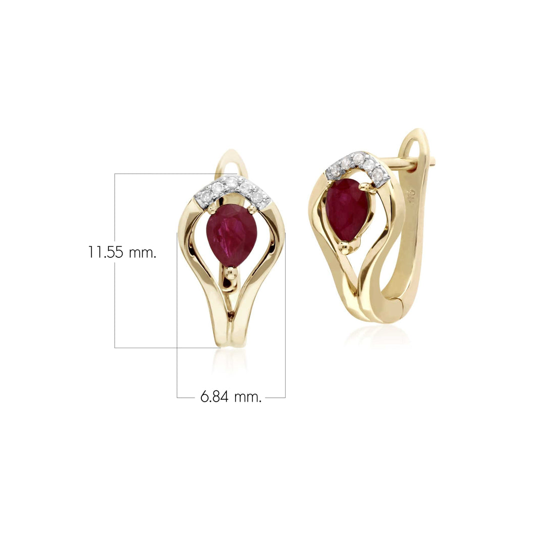 Aretes redondos clásicos con halo de hojas de diamantes y rubíes en oro amarillo de 9 quilates