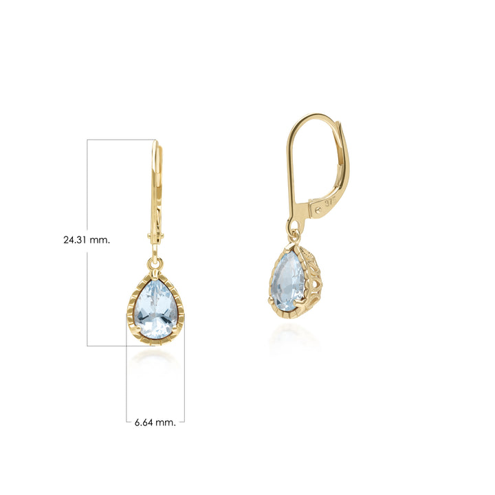 Pendientes colgantes clásicos de aguamarina con forma de pera en oro amarillo de 9 quilates