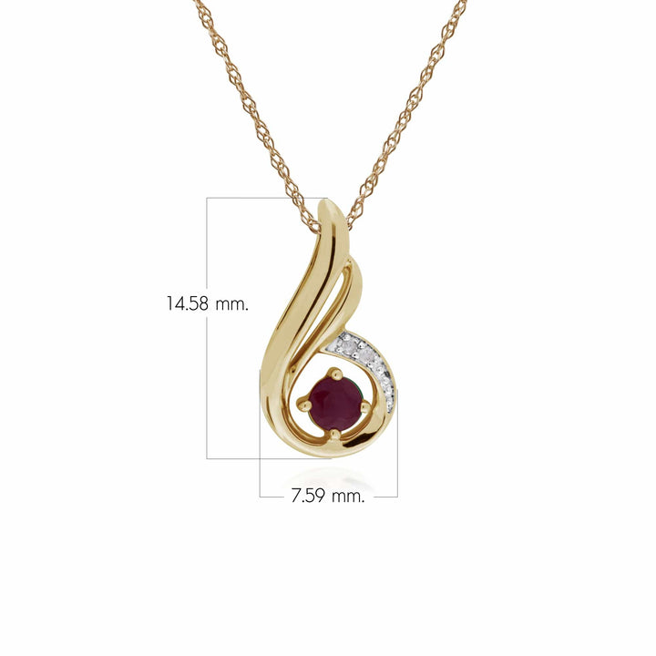 Colgante redondo clásico con gota en espiral de diamantes y rubíes en oro amarillo de 9 quilates