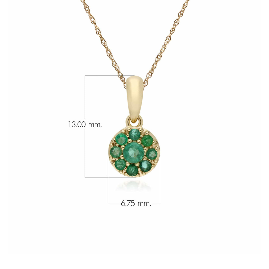 Cadena y colgante clásico de esmeralda redonda de racimo en oro amarillo de 9 quilates