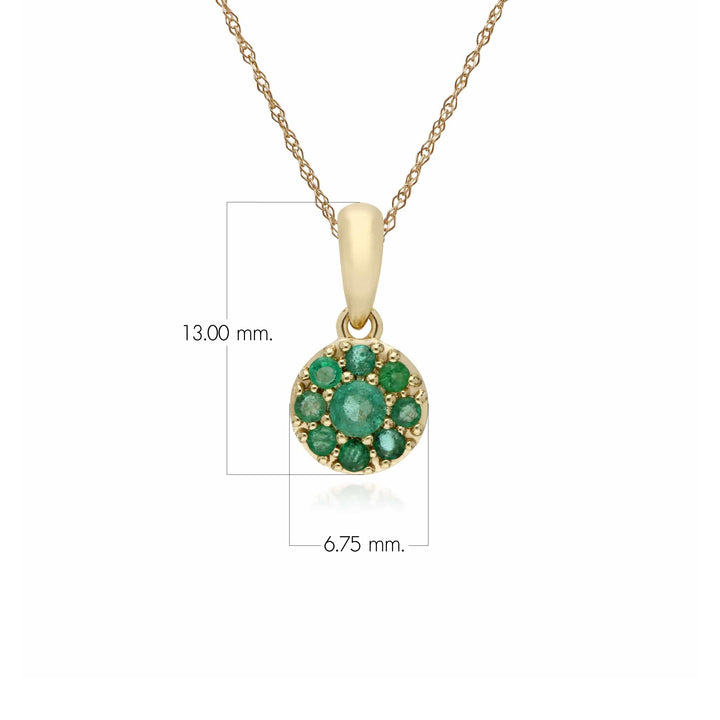 Cadena y colgante clásico de esmeralda redonda de racimo en oro amarillo de 9 quilates