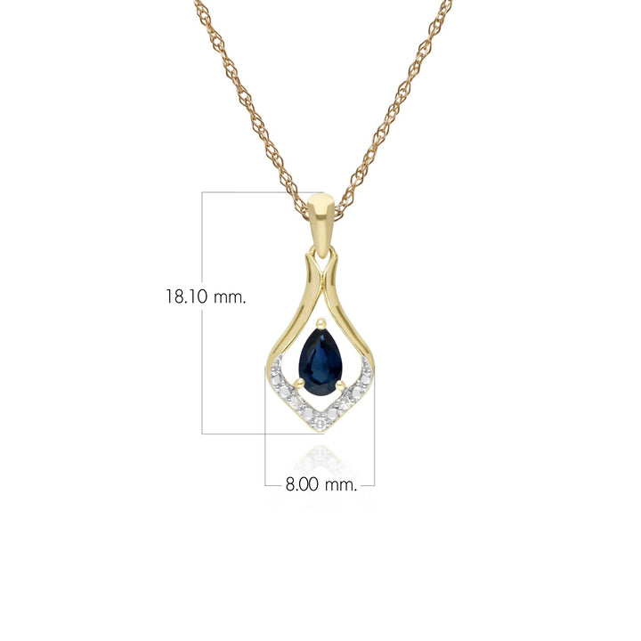 Colgante clásico con zafiro pera y halo de hoja de tres diamantes en oro amarillo de 9 quilates