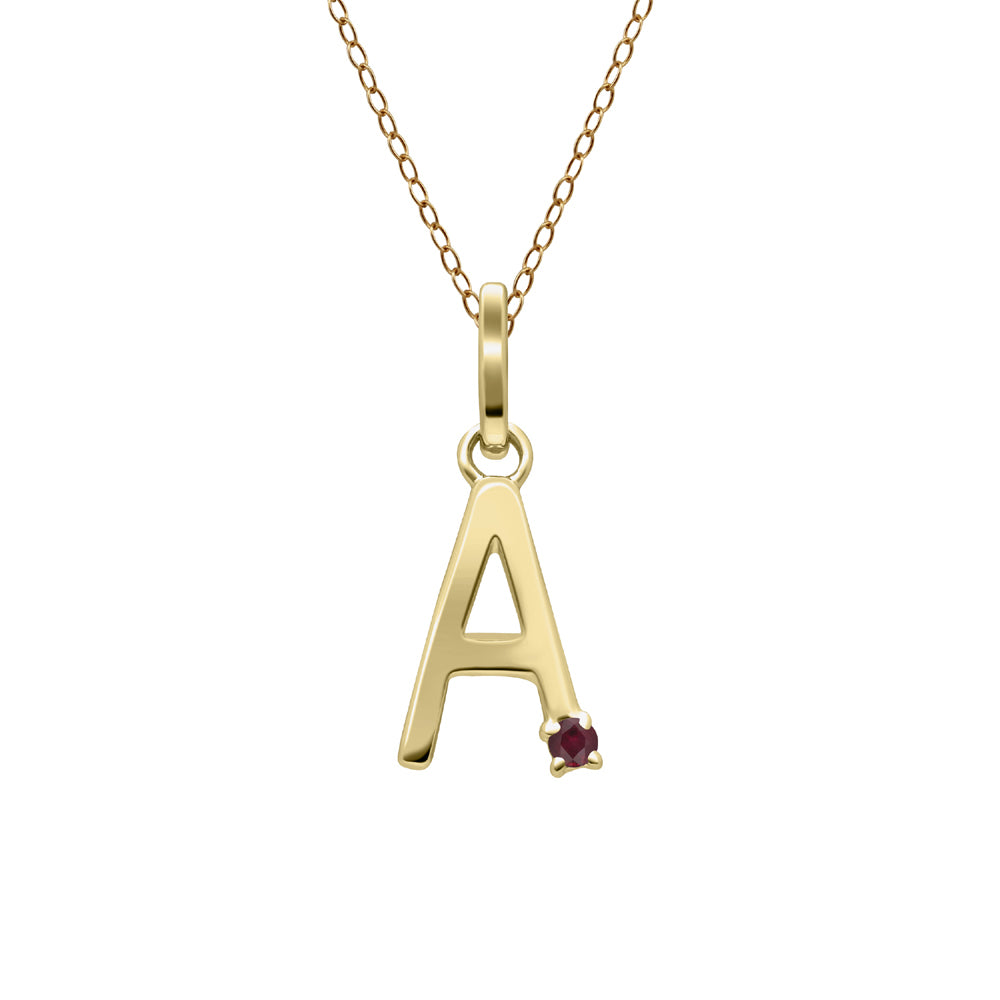 Collar inicial con letra de rubí en oro amarillo de 9 quilates