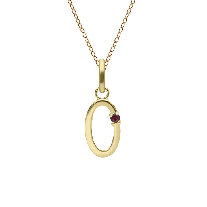 Collar inicial con letra de rubí en oro amarillo de 9 quilates