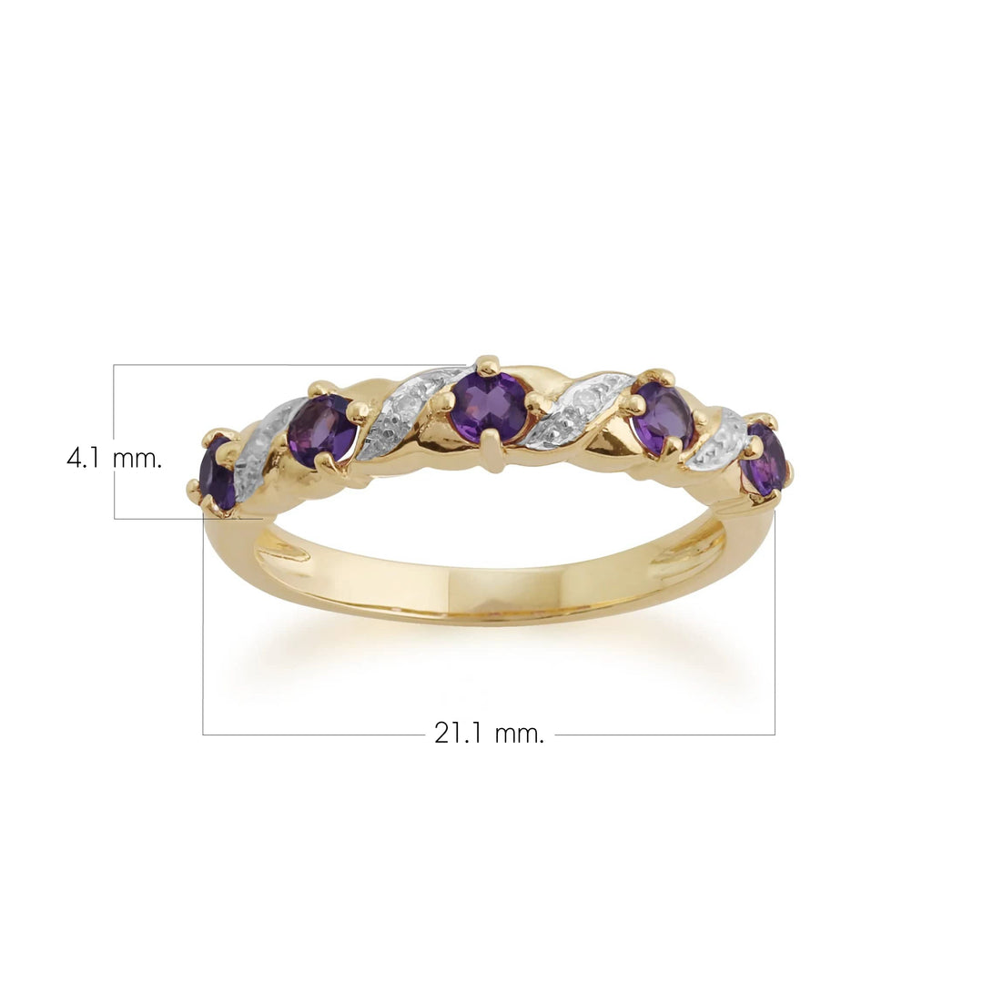 Anillo clásico de media eternidad con amatista y diamantes en oro amarillo de 9 quilates