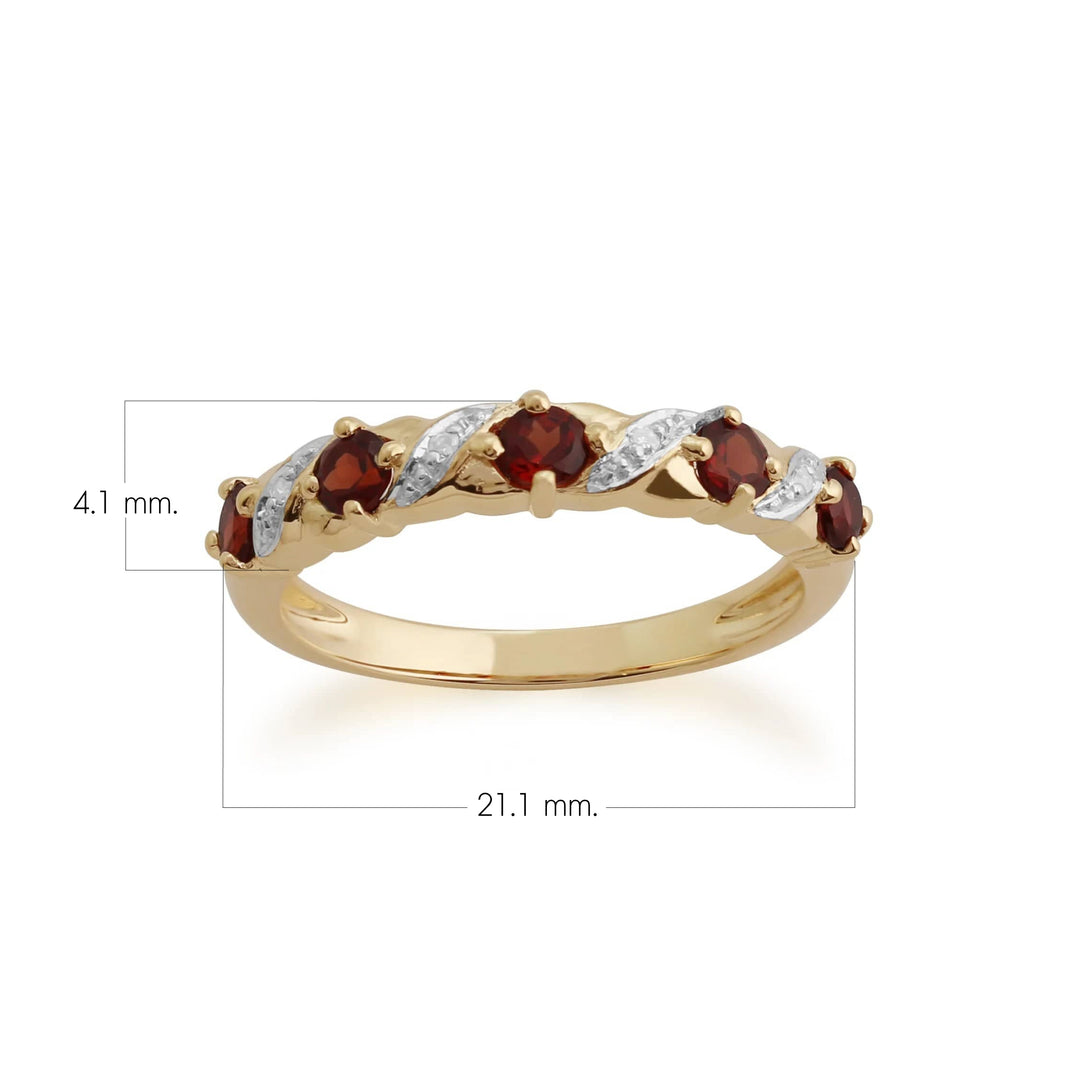 Anillo redondo clásico de media eternidad con granate y diamantes en oro amarillo de 9 quilates