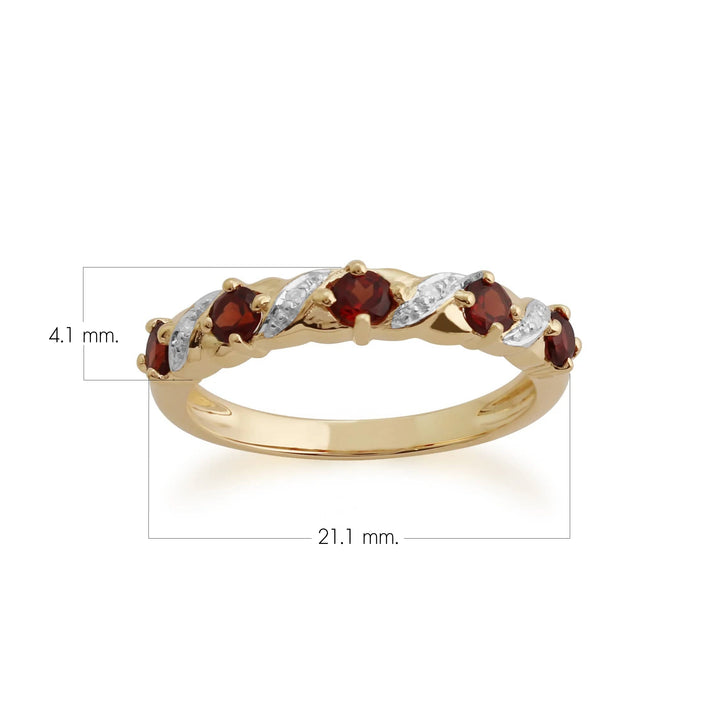Anillo redondo clásico de media eternidad con granate y diamantes en oro amarillo de 9 quilates