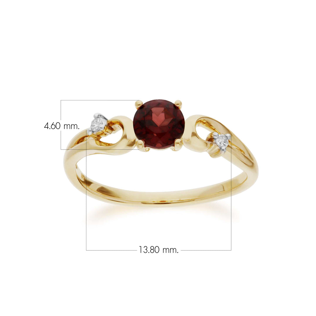 Anillo redondo clásico de granate y diamantes en oro amarillo de 9 quilates