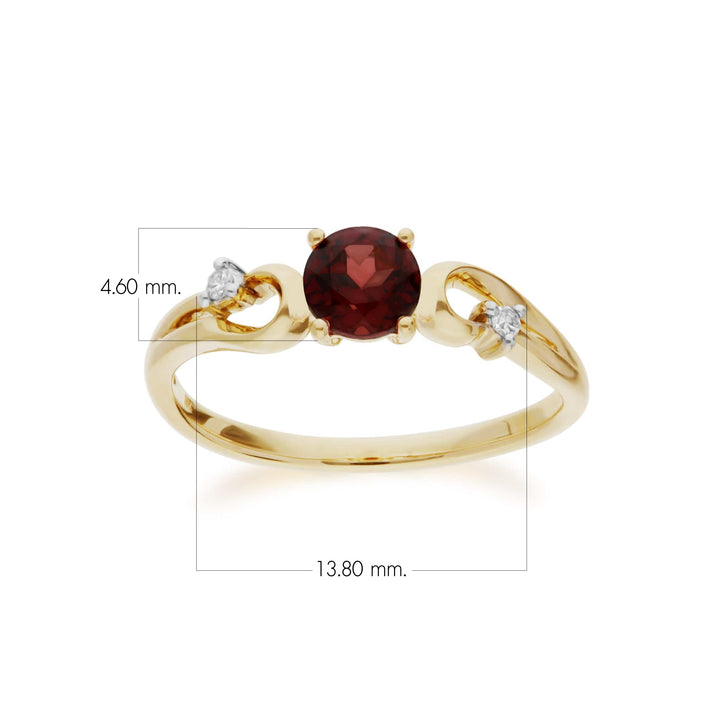 Anillo redondo clásico de granate y diamantes en oro amarillo de 9 quilates