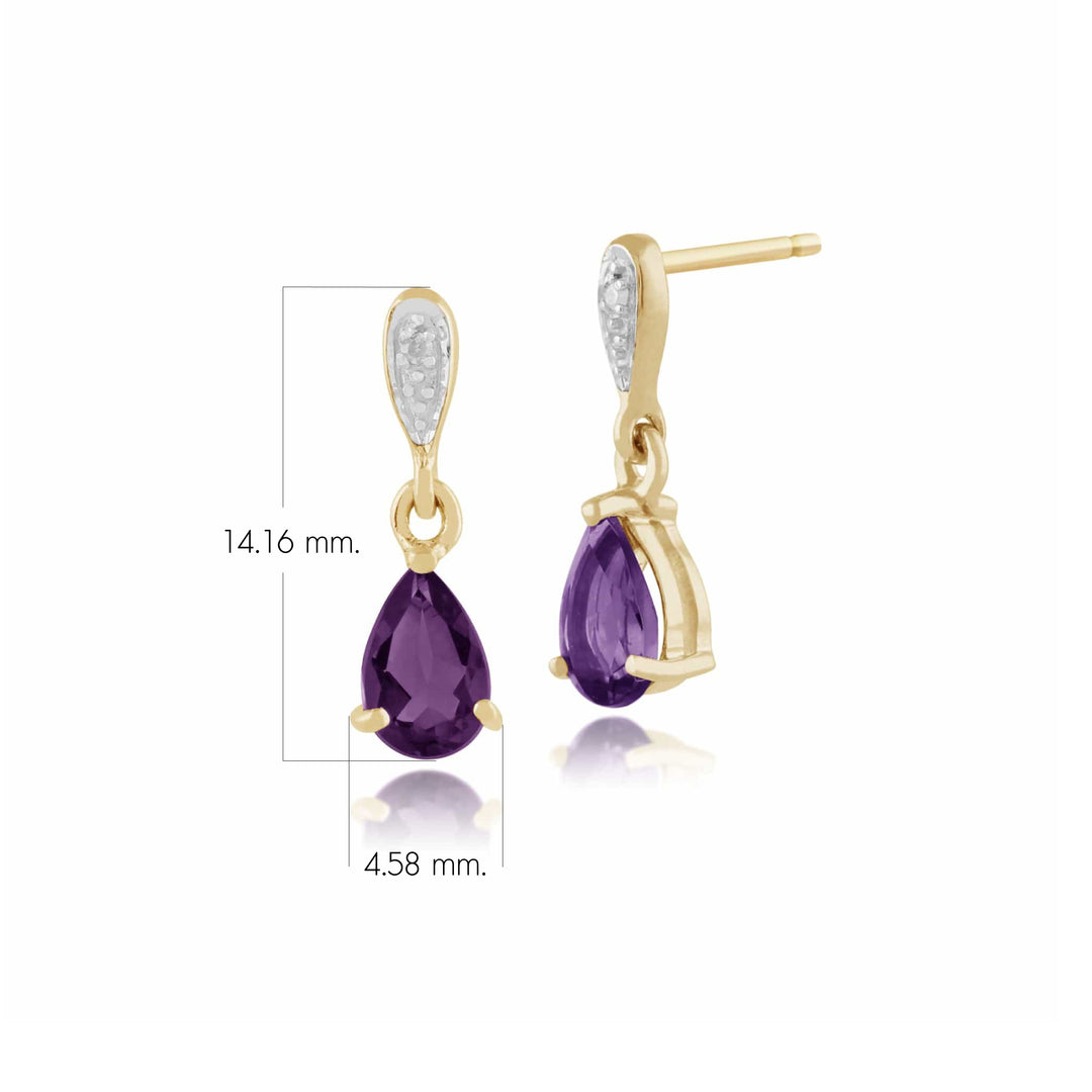 Pendientes colgantes clásicos de amatista y diamantes en forma de pera en oro amarillo de 9 quilates (6 mm x 4 mm)