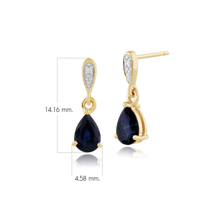 Aretes colgantes clásicos de diamantes y zafiros pera en oro amarillo de 9 quilates