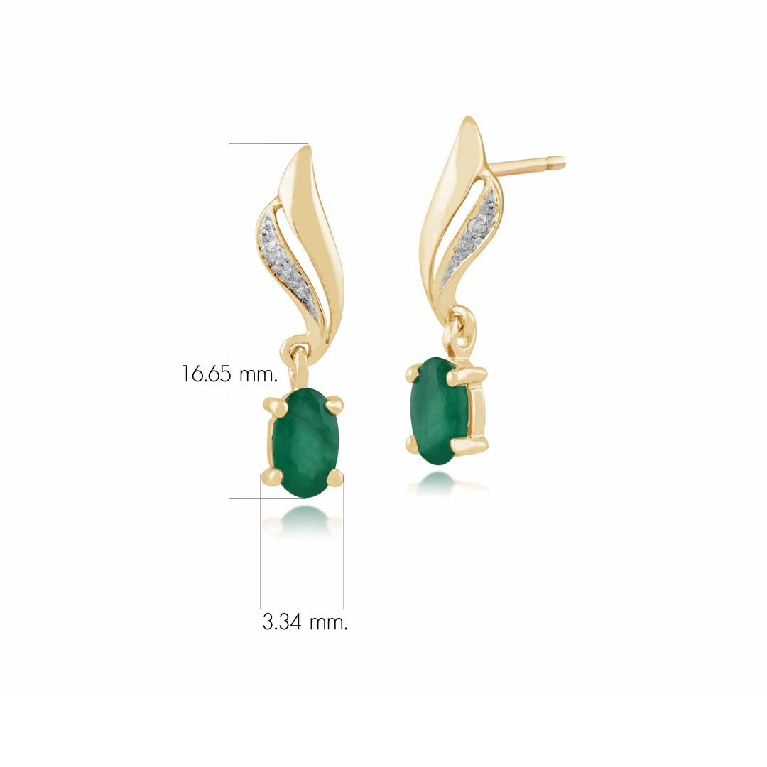 Aretes colgantes de diamantes y esmeraldas ovaladas clásicas en oro amarillo de 9 quilates