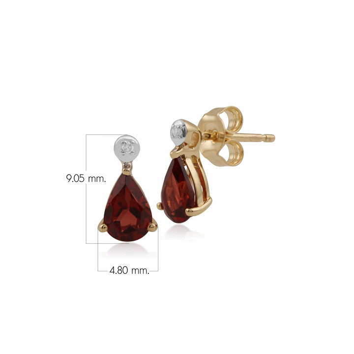 Pendientes colgantes clásicos de pera, granate y diamantes en oro amarillo de 9 quilates