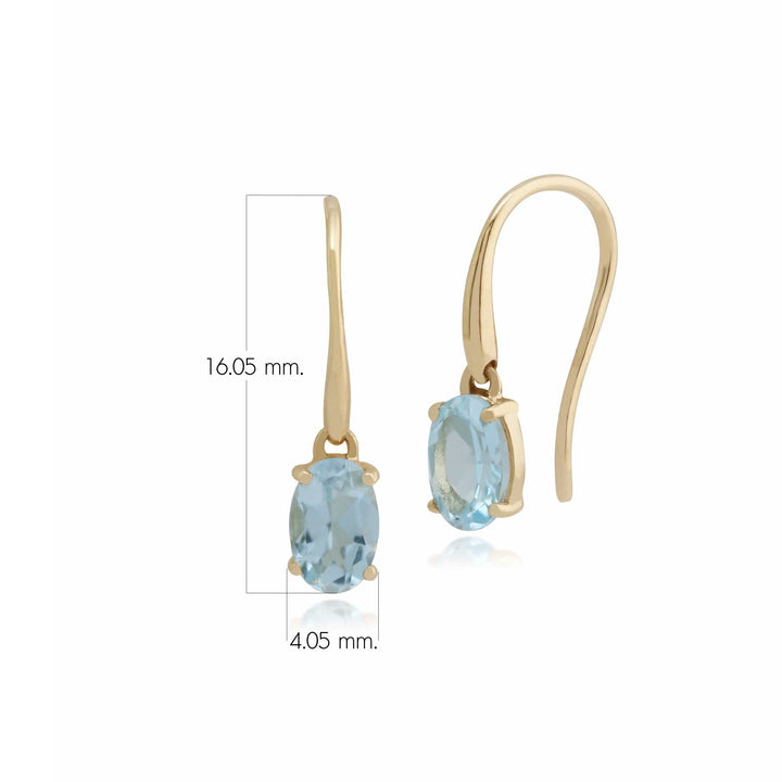 Aretes colgantes con aguamarina ovalada clásica en oro amarillo de 9 quilates