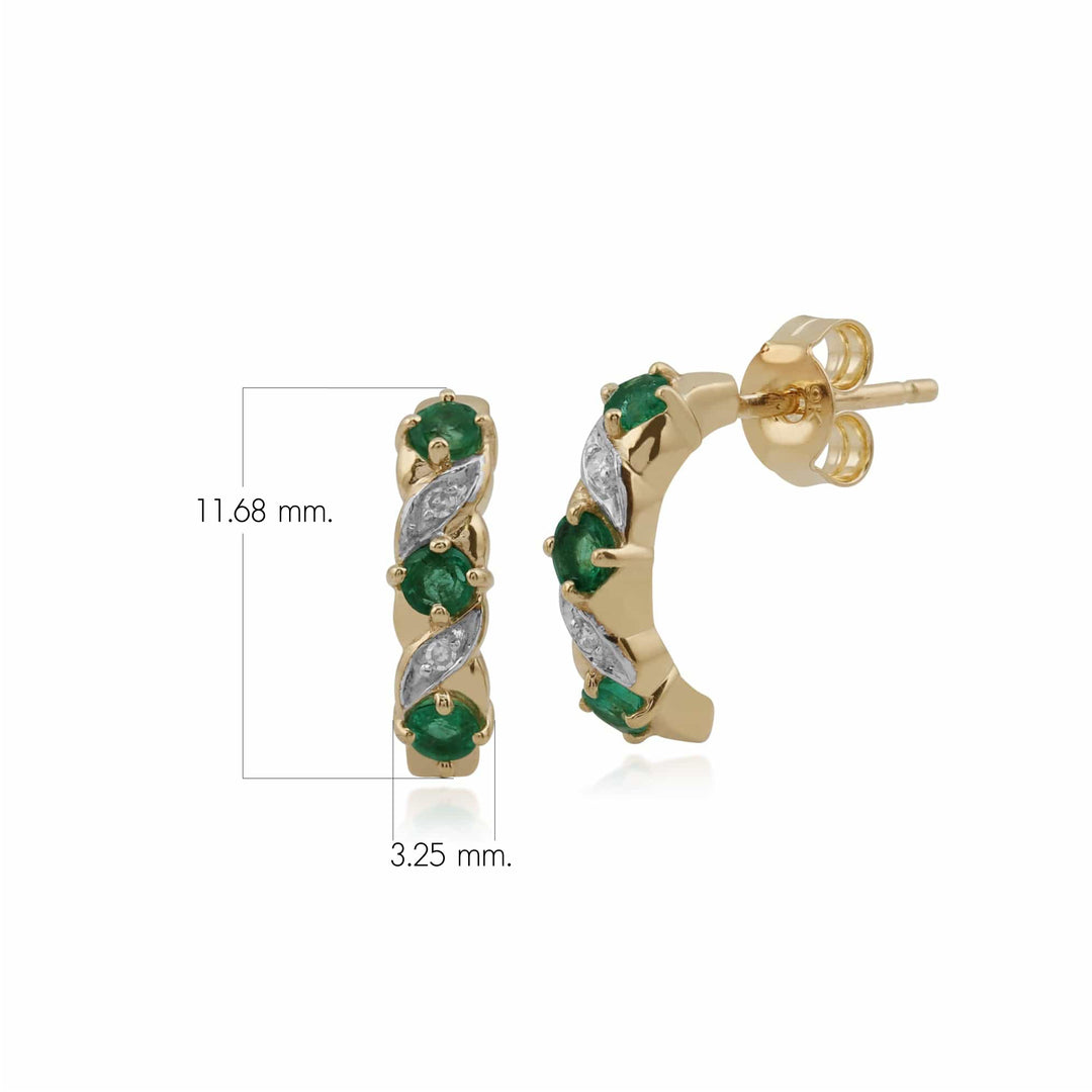 Aretes de medio argolla estilo Art Nouveau con diamantes y esmeraldas en oro de 9 quilates