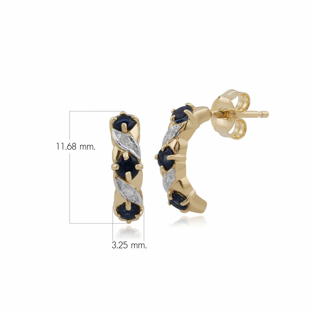 Aretes de medio argolla con diamantes y zafiros estilo Art Nouveau en oro de 9 quilates