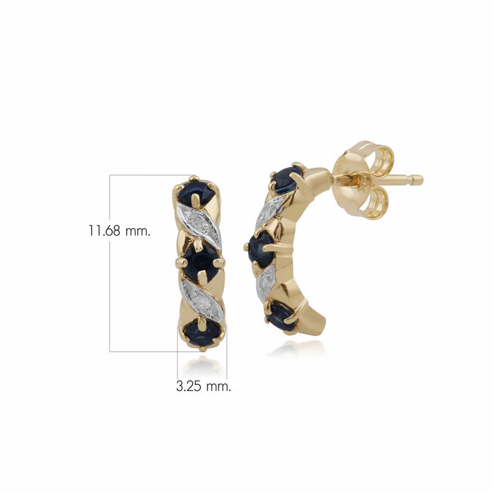 Aretes de medio argolla con diamantes y zafiros estilo Art Nouveau en oro de 9 quilates