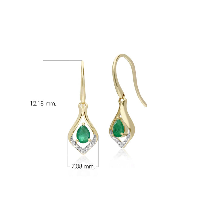 Aretes colgantes clásicos de pera, esmeralda y hoja de diamantes en oro amarillo de 9 quilates
