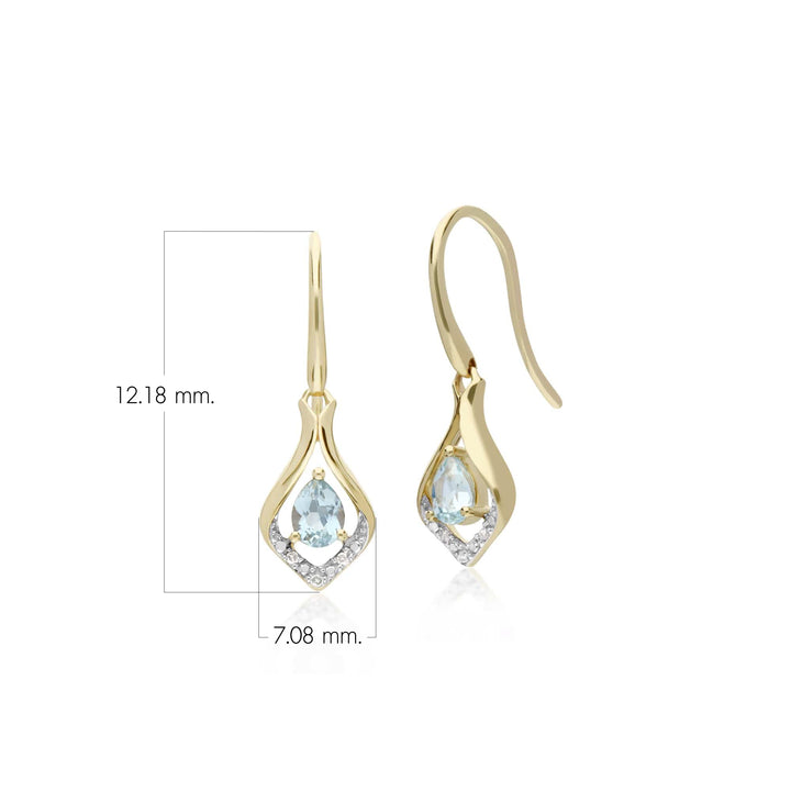 Aretes colgantes clásicos con pera, aguamarina y halo de hojas de diamantes en oro de 9 quilates