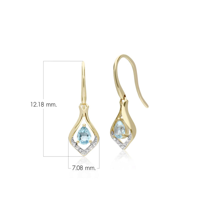 Aretes colgantes clásicos de topacio azul pera y halo de hojas de diamantes en oro amarillo de 9 quilates