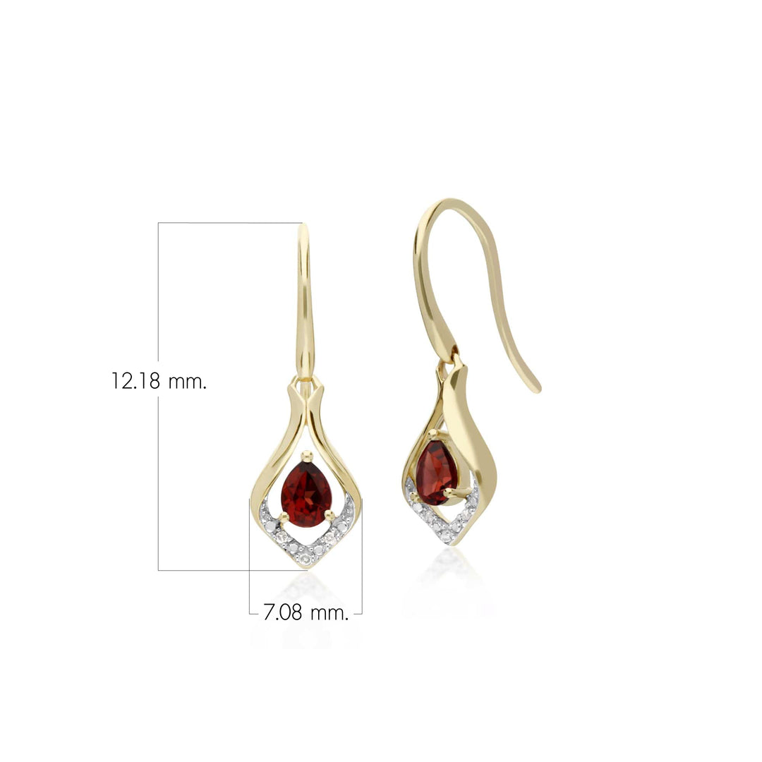 Aretes colgantes clásicos con halo de hojas de diamantes y granate pera en oro amarillo de 9 quilates