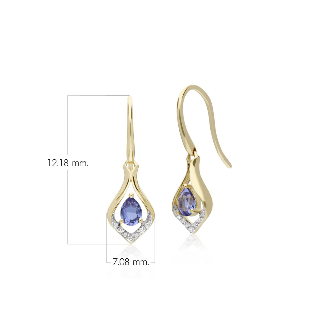 Aretes colgantes clásicos con pera, tanzanita y halo de hojas de diamantes en oro amarillo de 9 quilates