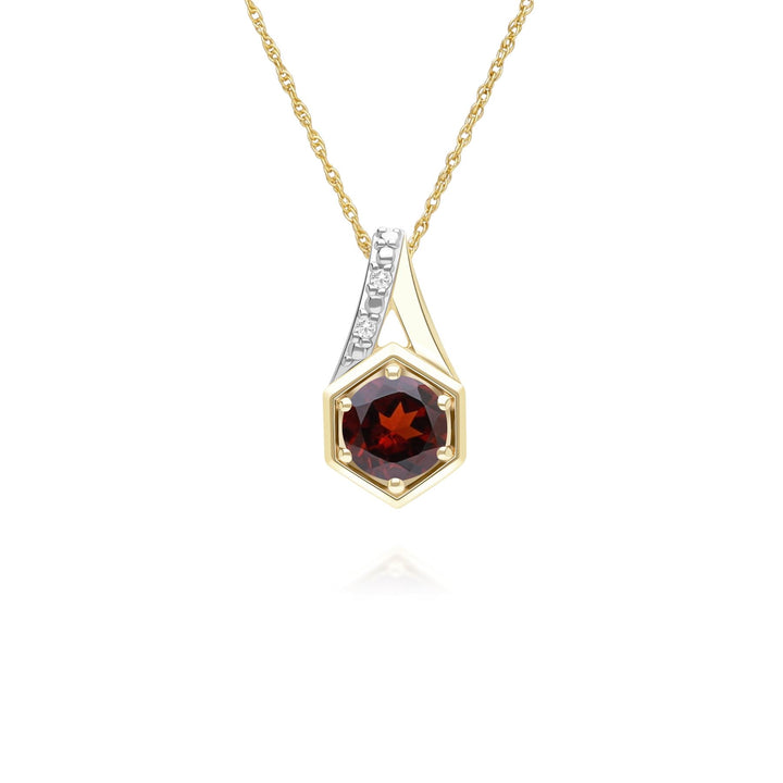 Geometric Hexagon with Prong set Round Garnet and Diamond Pendant Necklace in 9ct Yellow Gold
