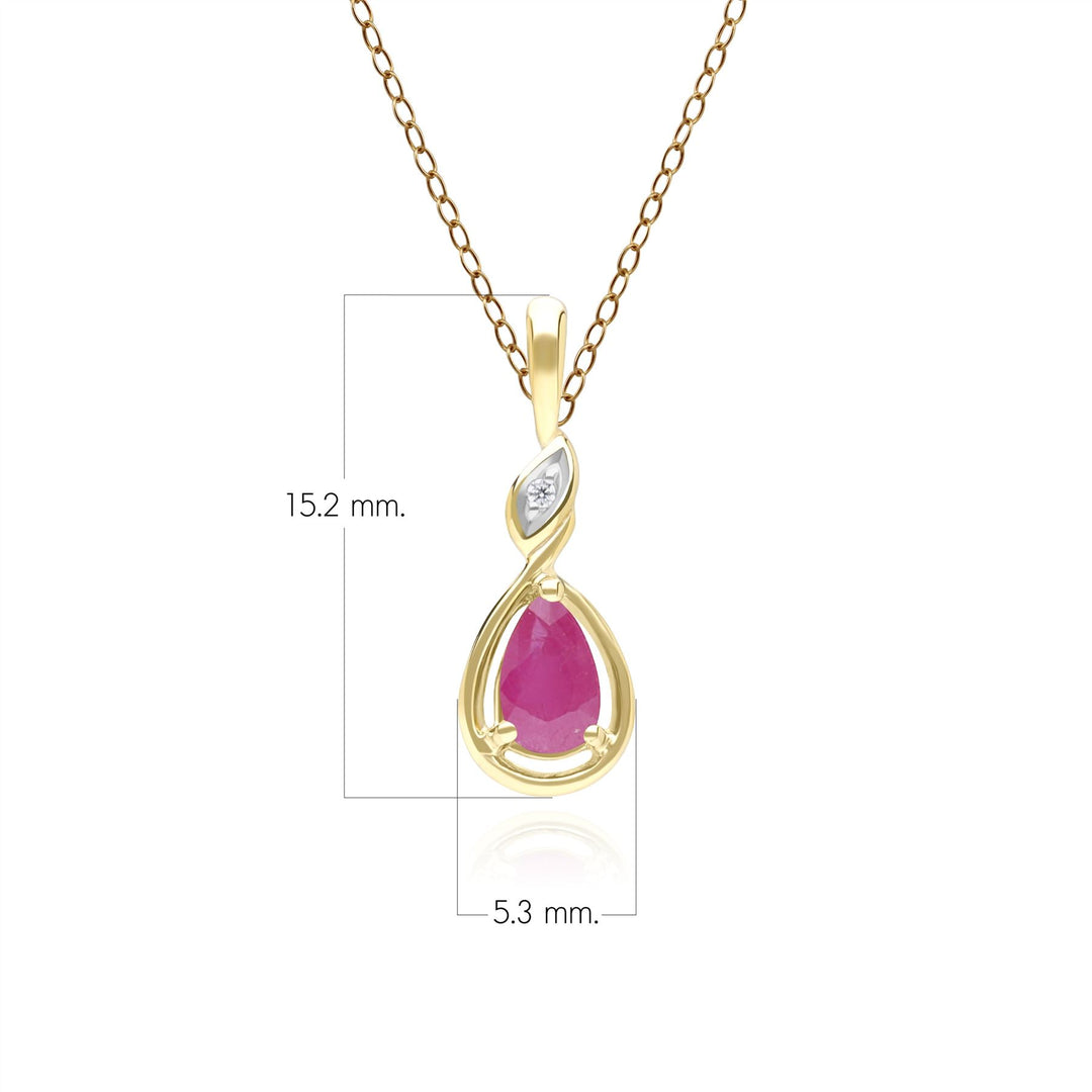 Collar clásico con colgante de rubí y diamantes en forma de pera en oro amarillo de 9 quilates