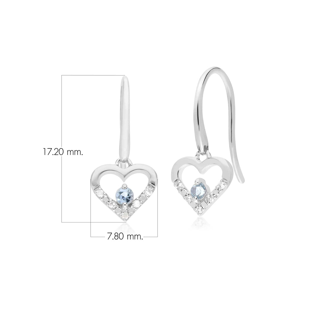 Aretes colgantes redondos clásicos de aguamarina y diamantes en forma de corazón en oro blanco de 9 quilates