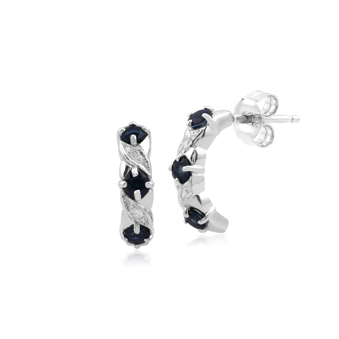 Aretes de medio argolla con diamantes y zafiros estilo Art Nouveau en oro blanco de 9 quilates