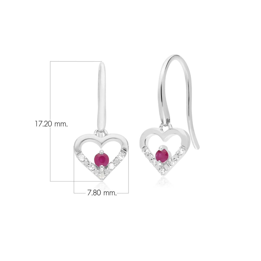 Aretes colgantes redondos clásicos en forma de corazón con diamantes y rubíes en oro blanco de 9 quilates