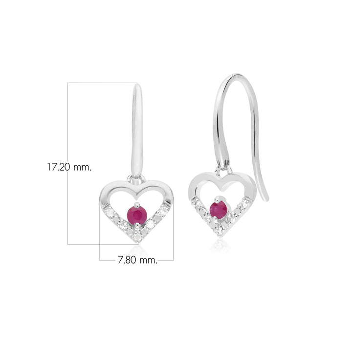 Aretes colgantes redondos clásicos en forma de corazón con diamantes y rubíes en oro blanco de 9 quilates