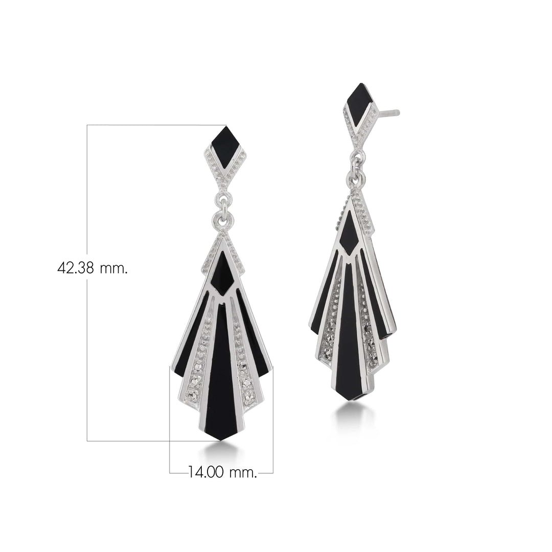 Aretes colgantes estilo art déco con cabujón de ónix negro y marcasita