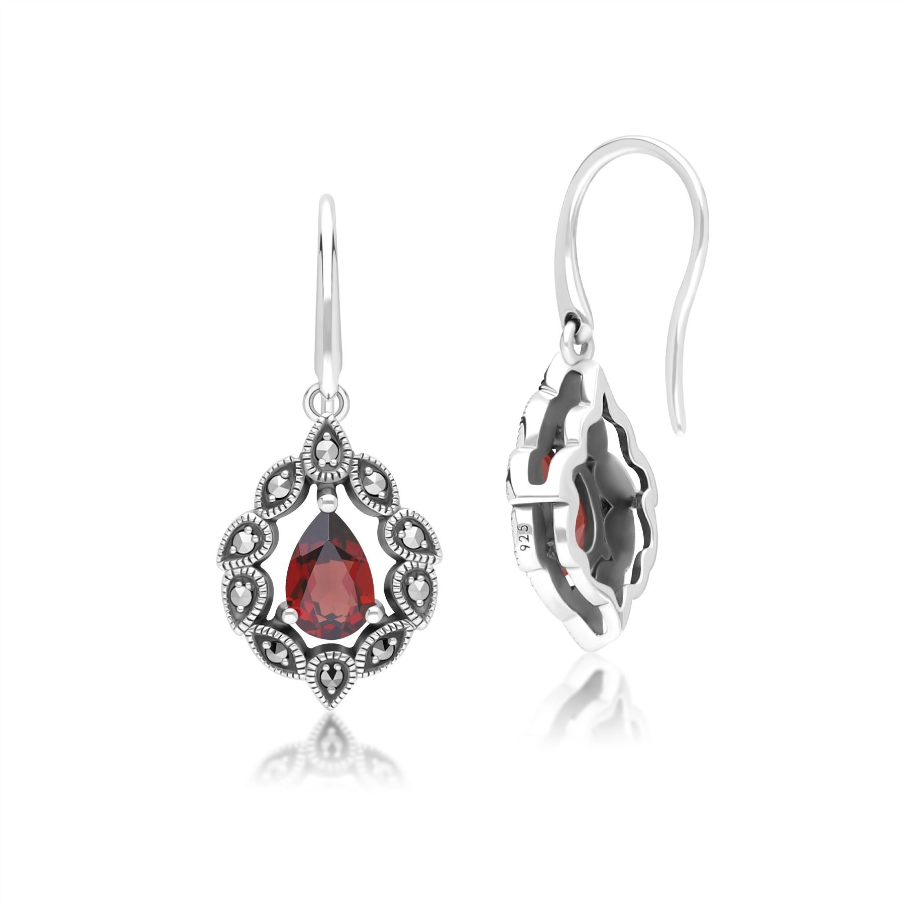 Art Deco Style Pear Garnet & Marcasite Drop Earrings in Sterling Silver
