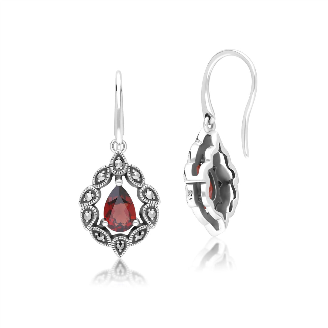 Pendientes colgantes de granate pera y marcasita estilo Art Déco en plata de ley