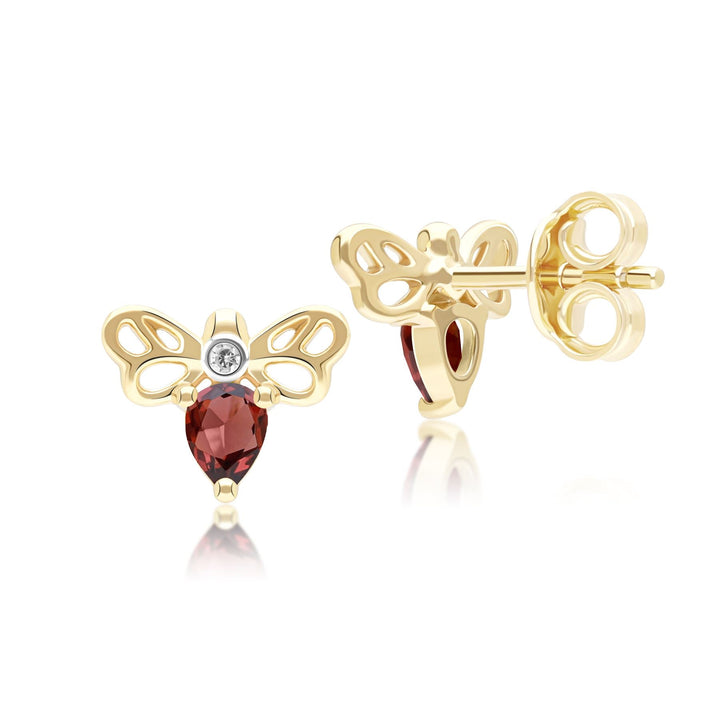 Honeycomb Art Nouveau Pear Shape Garnet and Diamond Bee Stud Earrings in 9ct Yellow Gold