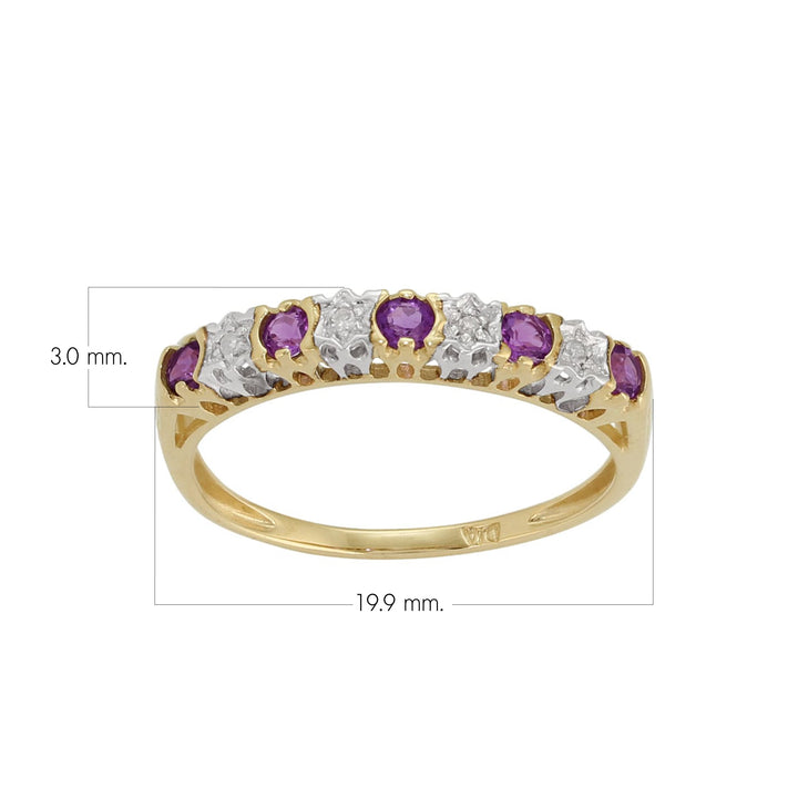 Anillo clásico de media eternidad con amatista redonda y diamantes en oro amarillo de 9 quilates