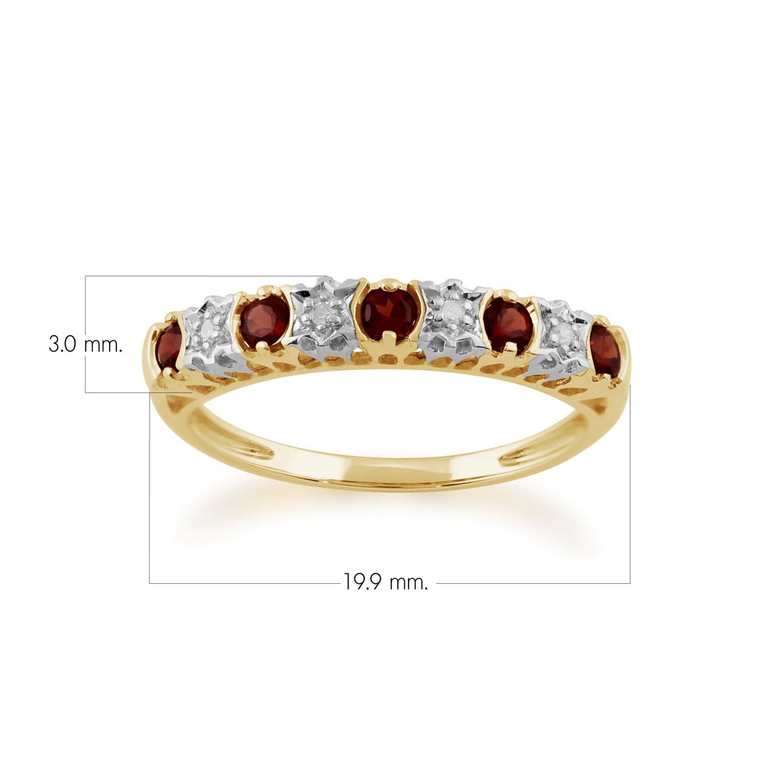 Anillo redondo clásico de media eternidad con granate y diamantes en oro amarillo de 9 quilates