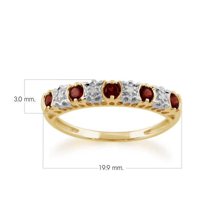 Anillo redondo clásico de media eternidad con granate y diamantes en oro amarillo de 9 quilates