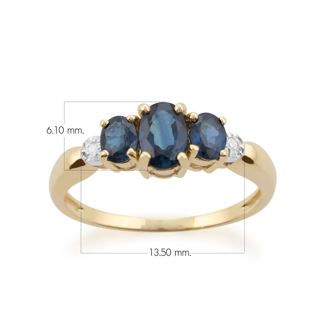 Anillo trilogía clásico de diamantes y zafiros ovalados en oro amarillo de 9 quilates