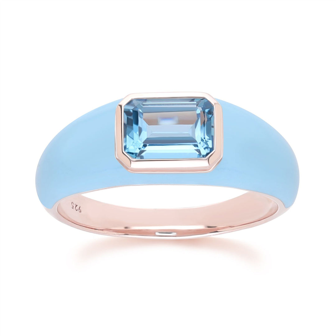 Anillo de esmalte azul y topacio azul cielo octagonal con vals siberiano en oro vermeil rosa