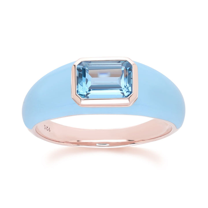Anillo de esmalte azul y topacio azul cielo octagonal con vals siberiano en oro vermeil rosa