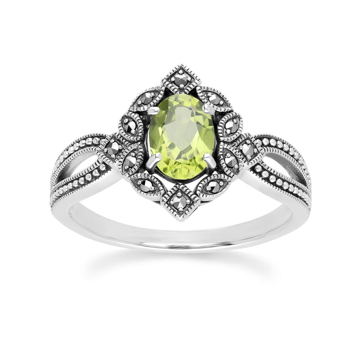 Anillo ovalado de peridoto y marcasita estilo art déco en plata de ley