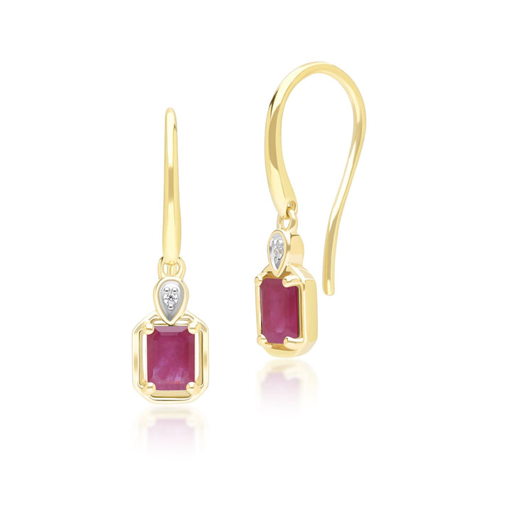 Pendientes colgantes clásicos de rubí baguette y diamantes en oro amarillo de 9 quilates